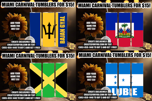 Personalized Miami Carnival J'Ouvert Parade Fete Tumblers – Sip in Style with Your Caribbean Flag & Name!